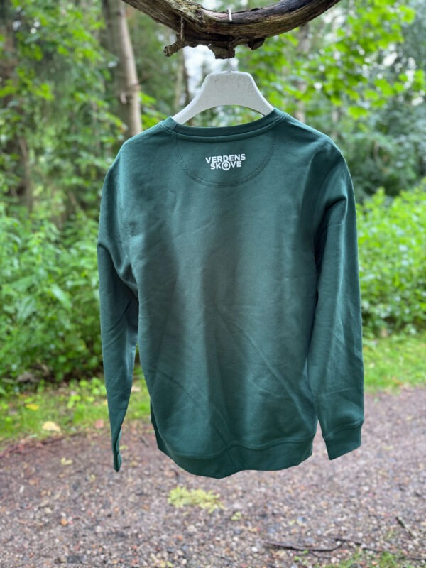 Crewneck herre dame set bagfra med Verdens Skoves hvide logo under den runde hals