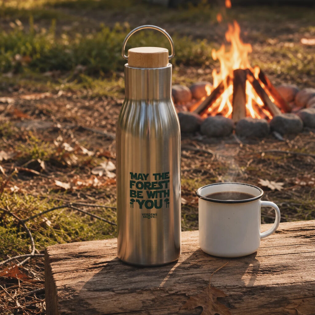 Termoflaske i rustfrit stål med teksten “May the forest be with you” ved siden af et dampende emaljekrus og bål i naturen