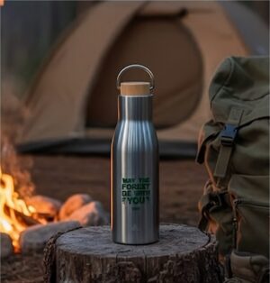 Termoflaske i rustfrit stål med teksten “May the forest be with you” ved siden af et dampende emaljekrus og bål i naturen